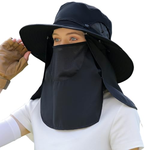 Men Women Safari Bucket Fishing Sun Hats Face Cover Neck Flap - color: Kcl015-black
