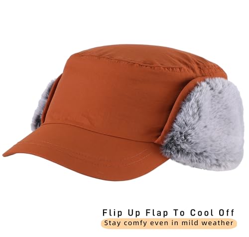 Connectyle Men's Winter Hat with Visor Warm Earflaps Hat Fully Lined Faux Fur Baseball Cap Trapper Hunting Hats - color: Caramel Brown