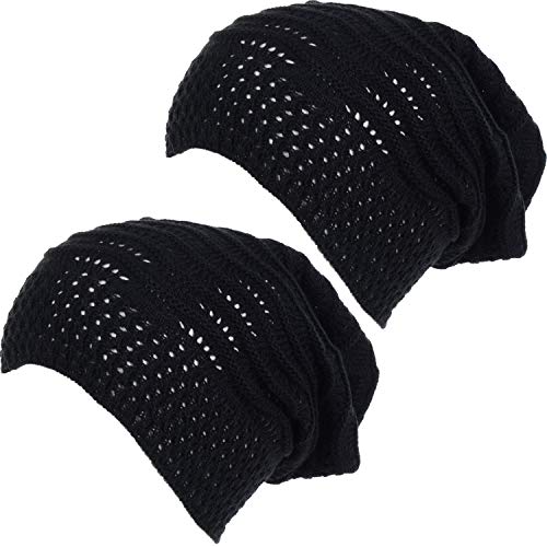 BYOS Women's Airy Cool Lightweight Cutout Long Slouchy Crochet Knit Beanie Hat - color: 2 Pack-wavy Line Black & Bk