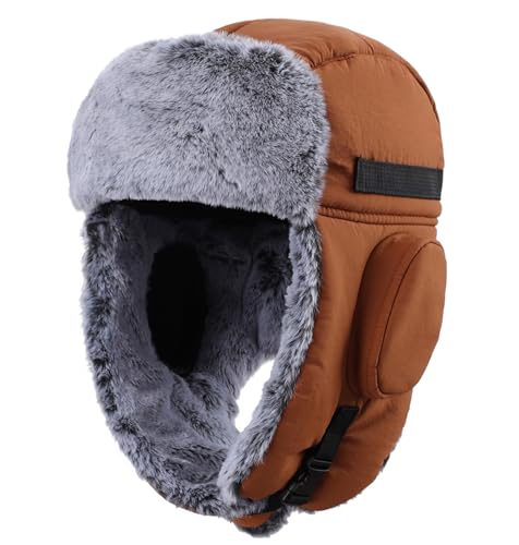 Connectyle Men's Trapper Hat with Faux Fur Linning Eskimo Windproof Winter Warm Hats Ushanka Hunting Hat - color: Caramel