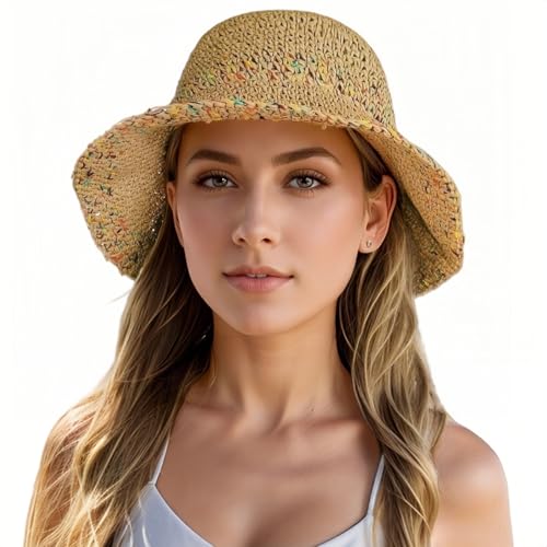 Floppy Big Beach Straw Hats for Women Foldable Summer Wide Brim Packable Sun Hat Womens Travel Straw Fedora Hat - color: C-khaki