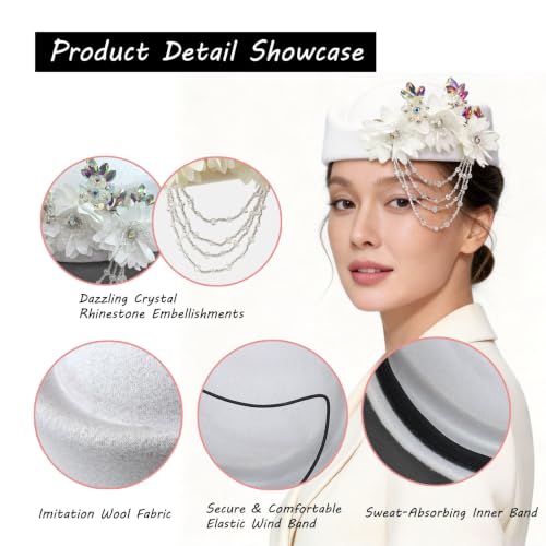 Women's Retro British Felt Headscarf Hat Church Derby Headdress with Floral Women's Soft Beret - color: 02 White