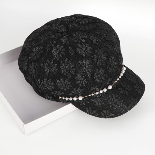 Women Pearl Chain Lace Cotton Blend Newsboy Cap Visor Paperboy Painter Hat - color: Black
