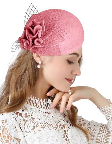 ORIDOOR British Style Pillbox Hat Women Church Wedding Winter Vintage Fascinator Beret 100% Wool Felt Hat with Veil - color: 03a- Nude Powder