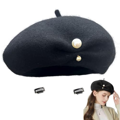 huablo French Berets Hat Premium Cashmere Beret Pearl Decorative Elegant Church Wool Hat for Women Solid Artist Hat - color: Black