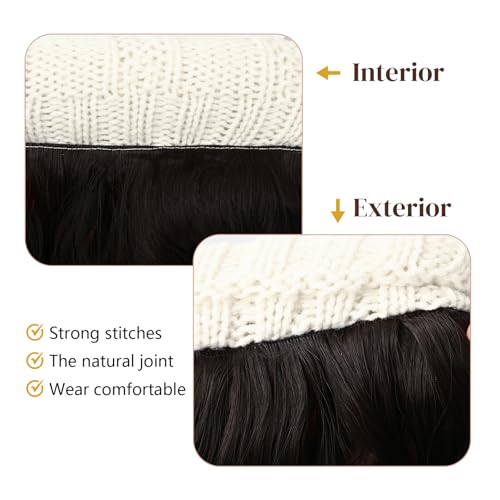 Flufymooz Beanie Wig Hat, Long Wavy Curly Black Hairpiece with Faux Fur Pom, Attached 20 Inch Synthetic Hair for Women Girls Winter (Natural Black) - color: White Hat-natural Black, size: 20 Inch