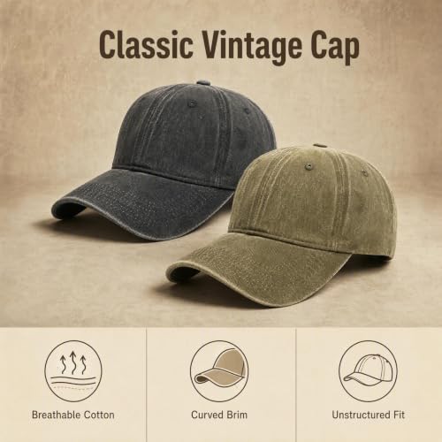 Vintage Baseball Cap for Men and Women, Washed Cotton Dad Hat, Adjustable Fit - color: Black+khaki, size: Medium