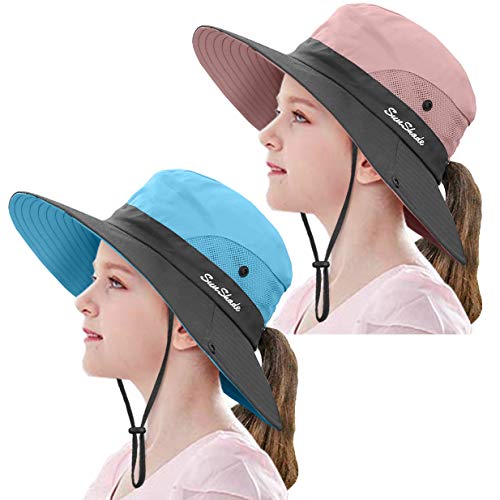 2 Pieces 5-14Y Kids Summer Sun Hat Wide Brim UV Protection for Girls Ponytail Beach Bucket Cap - color: Sky Blue＆pink
