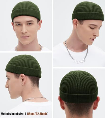 Wool Fisherman Beanie for Men Wome, Thin Knit Winter Hats Skull Cap - color: Army Green