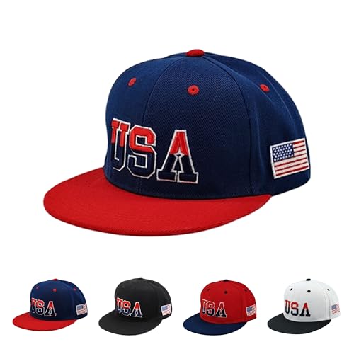American Flag Baseball Caps Embroiderred USA Flag Patriotic Dad Hat Adjustable Trucker Hats for Men Women - color: Navy Blue Flat Brim Usa Cap