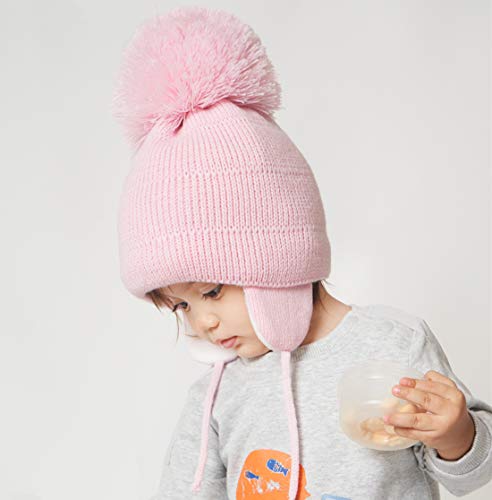Baby Toddler Beanie Earflap Winter Hat Fleece Lined Knit Cap Girls Boy - color: Pink, size: 1-2T