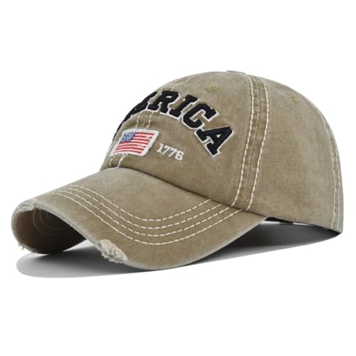 YuMENo Distressed American Flag Baseball Cap for Men Women Embroidered Adjustable Vintage Washed Cotton Dad Hat - color: Khaki