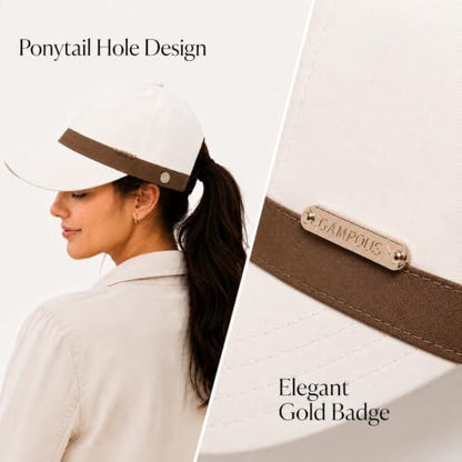 UPF 50+ Foldable Packable Wide Brim Sun Hat for Women with Ponytail Hole - color: Beige-brown
