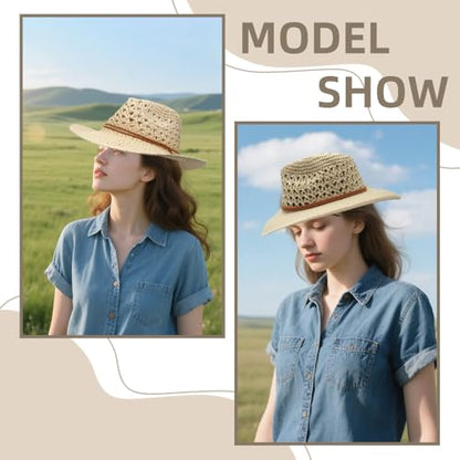 Women/Men Straw Cowboy Hat Wide Brim Sun Beach Cowgirl Hat Summer Western Cowboy for Travel Outdoor Family - color: Beige