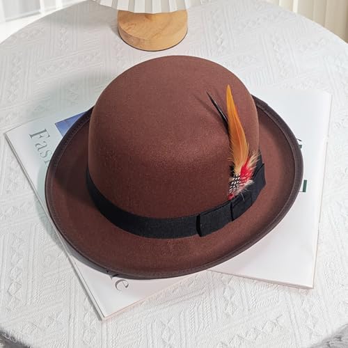 Classic Fedora Hat with Feather, Dome Hard Bowler Cap - color: Coffee