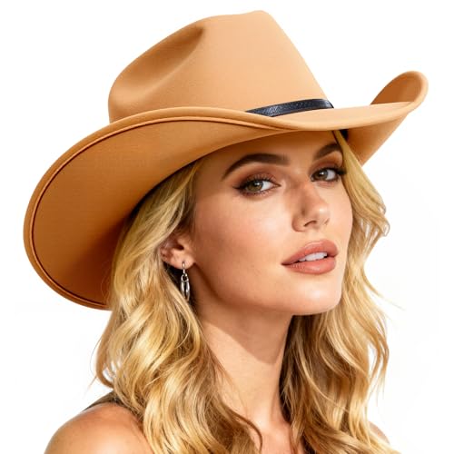 WAYCOM Western Cowboy Hat for Women: Wide Brimmed for Cowgirl - 2 Decorative Band for Men - Felt Hats for Party/Festival - color: Camel, size: Large-X-Large