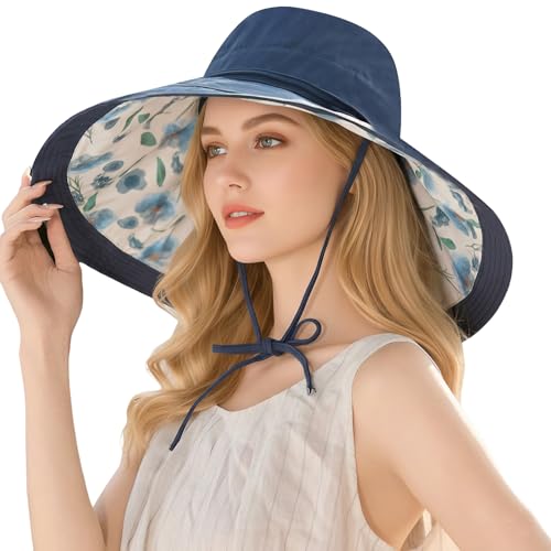 Wide Brim Sun Hat for Women Reversible Beach Hats Metal Wired Edge Gardening Hats, UPF 50+ Bucket Summer Hat - color: Navy