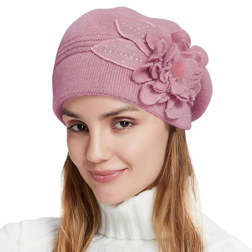 Flower Women Beret, Double Layer Thickened Winter Knitted Beanie Beret Hat, Stylish French Dress Beret Hats for Women - color: Lavender