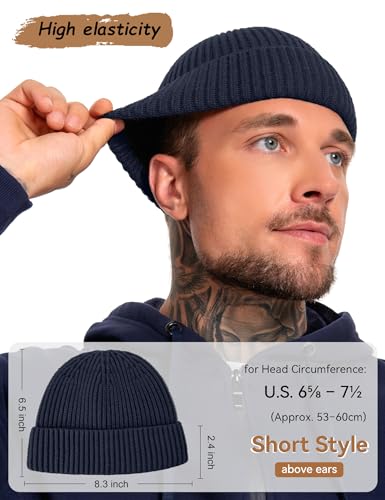 Fleece Lined Wool Short Fisherman Beanie Men Women Cuff Winter Hat - color: 1pc-navy Blue