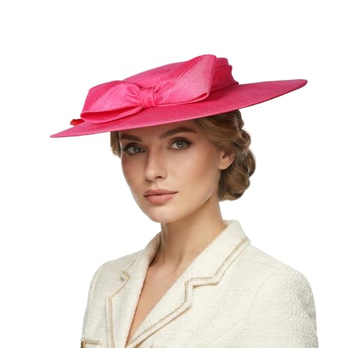 Fascinators Women Wide Brim 20s 50s Derby Pillbox Hat Bowknot Cocktail Tea Party Church Dress Hats - color: Rose