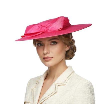Fascinators Women Wide Brim 20s 50s Derby Pillbox Hat Bowknot Cocktail Tea Party Church Dress Hats - color: Rose