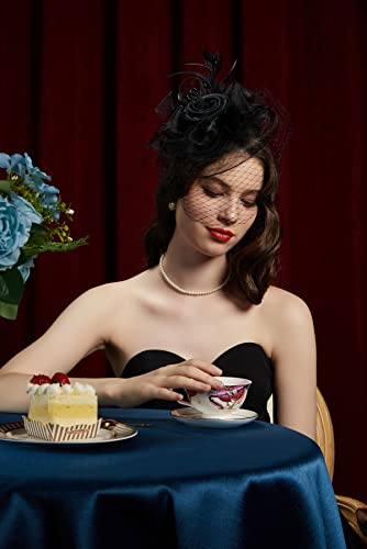 Kentucky Derby Fascinators for Women High Tea Party Hat Wedding Cocktail Flower Headware with Mesh and Feathers - color: A-black