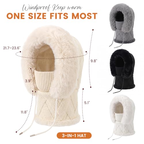 Winter 3 in 1 Beanie Hat with Scarf and Mask, Plush Face Beige