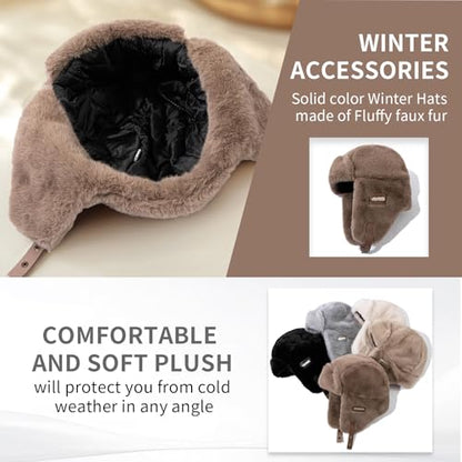 Fluffy Trapper Hats Winter Cozy Plush Ushanka Russian Hat Windproof Ski Hat Pilot Aviator Cap Cold Weather Hat - color: Mg-lfmyymrtb27-brown