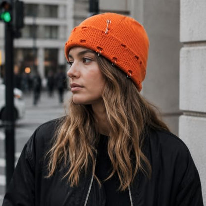 Distressed Ring Beanie Hat for Women Men Slouchy Skull Cap - color: Orange