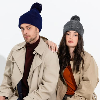 Geyoga 2 Pcs Pom Beanie Hat Men Women Winter Hat Pom Knit Cap Beanies with Ball at Top Acrylic Winter Cap with Cuff - color: Navy Blue, Dark Gray, style: Classical