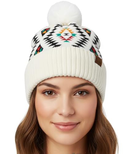 Funky Junque Women’s Pom Pom Beanie – Soft Knit Winter Hats for Women & Teens, Warm Fashionable Beanie with Faux Fur Poms - color: Aztec - White