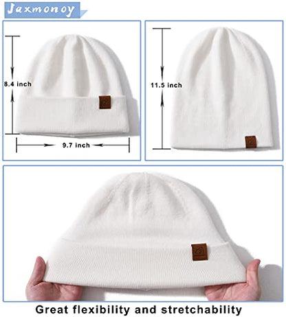 jaxmonoy Slouchy Knit Beanies Winter Hats for Women Men Soft Warm Reversible Slouch Cuffed Skull Knitted Beanie Cap - color: White