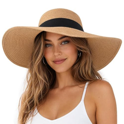 Women's Straw Sun Hat UPF80 UV Protection Foldable Wide Brim Summer Hat Sweatband Adjustable Floppy Beach Hats for Women - color: Khaki-foldable