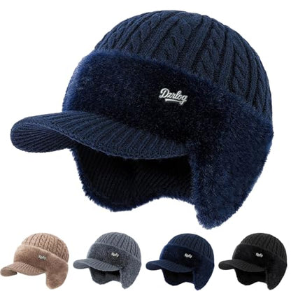 Winter Trapper Beanie Hats for Women Men, Fleece Lined Knit Hat with Brim Ear Flaps, Ear Warmers Cold Cap - color: Navy Blue