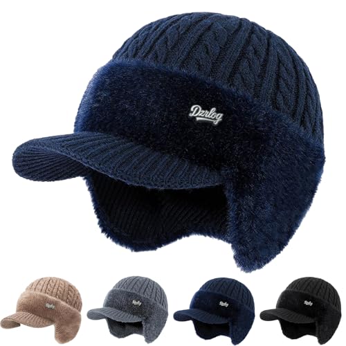 Winter Trapper Beanie Hats for Women Men, Fleece Lined Knit Hat with Brim Ear Flaps, Ear Warmers Cold Cap - color: Navy Blue