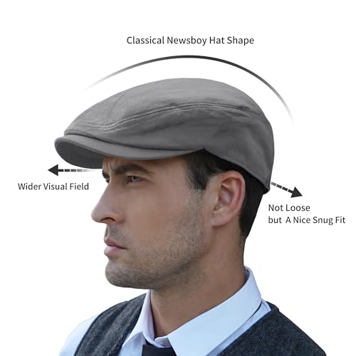 POUDAY Men's Cotton Newsboy Cap Flat Cap Newsboy Hat for Men Cabbie Hat Breathable Soft Summer Hat for Driving Hunting Golf - color: Grey, size: X-Large