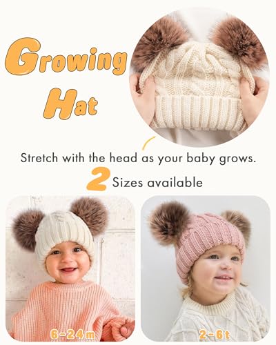 FURTALK Toddler Winter Hat Knit Beanie Double Faux Fur Pompoms Girls Boys - color: Cream White, size: 6-24 Months