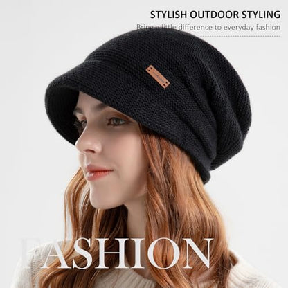 Womens Winter Beanie Hat,Fleece Lining Warm Knitted Slouchy Beanie Hats Cap with Visor - color: Blue