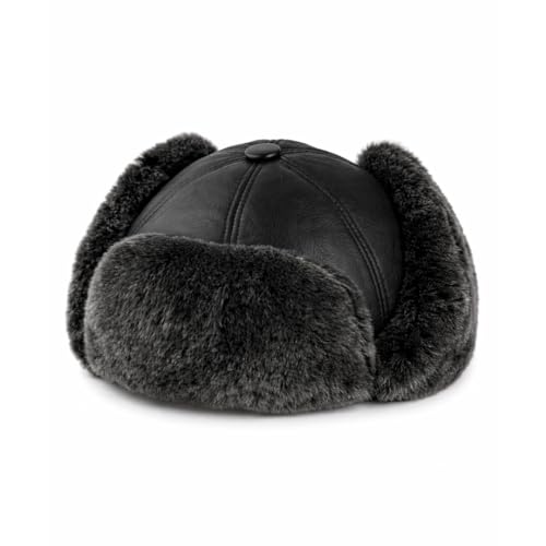 Leather Aviator Russian Ushanka Trapper Shearling Sheepskin Fur Ear Flap Waterproof Winter Hat - color: Gray, size: X-Large