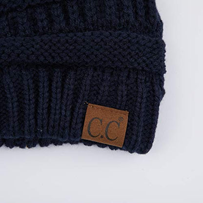 C.C Fur Pom Winter Fall Trendy Chunky Stretchy Cable Knit Beanie Hat - color: Solid Navy