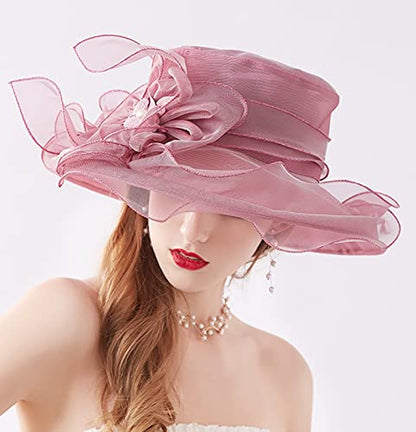 Women Organza Kentucky Hat Fascinator Tea Party Derby Hat Feather Wedding Church Head Ornament Sun Hats - color: 018-pink Purple