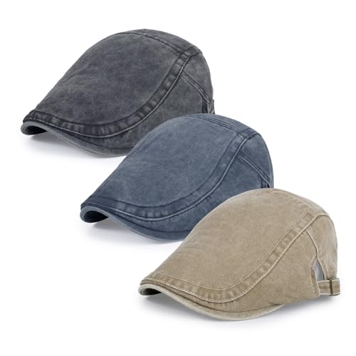 3Pcs Men's Newsboy Caps Cotton Cooling Hat Adjustable Flat Cap for Men - color: Washed-black+navyblue+khaki