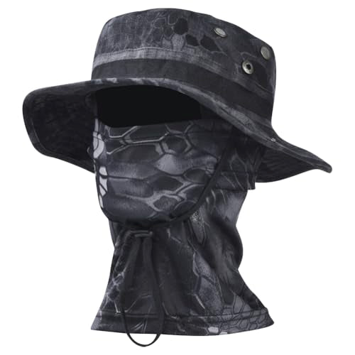 Camo Boonie Sun Hat with Balaclava Face Mask Outdoor Fishing Hat - color: Camo Black