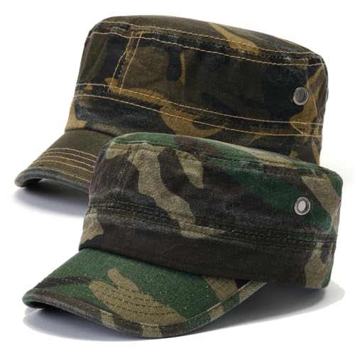 2 Pack Military Caps for Men Women, Washed Cotton Cadet Army Hats - color: Green Camouflage+brown Camouflage
