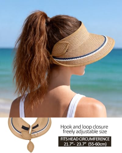 Sun Visor Hats for Women Packable Straw Hat for Travel, UPF 50+Summer Wide Brim Ponytail Beach Hat