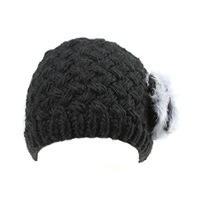 Woman's Warm Soft Cable Lace Pom Furry Flower Crochet Fashion Knit Hat - color: Black Flower, size: One Size