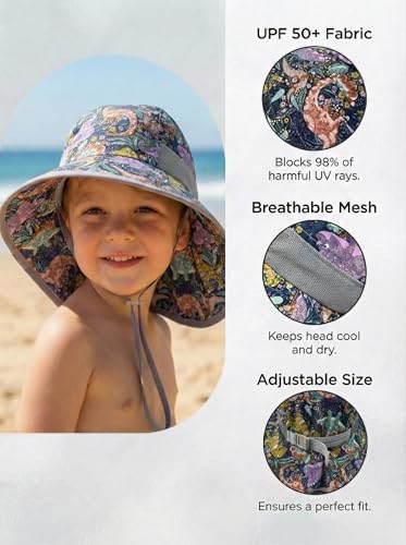 icolor Kids Sun Hat UPF50+ Sun Protection Bucket Hat Toddler Summer Beach Play Hats with Neck Flap for Girl Boy Ages 3~10 - color: Forest Dino