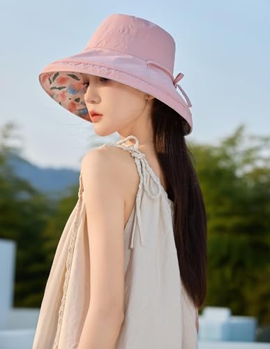 HUAMULAN Women Wide Brim Reversible Sun Hat Summer Beach Fishing Bucket - color: Pink Floral