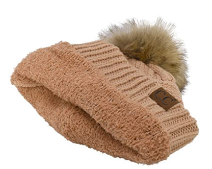 C.C Trendy Fuzzy Fleece Lined Warm Comfortable Soft Stretch Cable Knit Ribbed Faux Fur Pom Pom Beanie Hat - color: Sand Beige