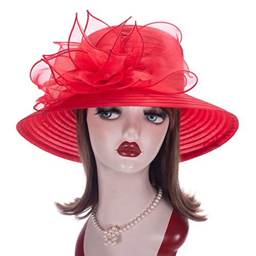 Womens Wedding Occasion Floral Wide Brim Church Dressy Sun Hat A323 - color: Red